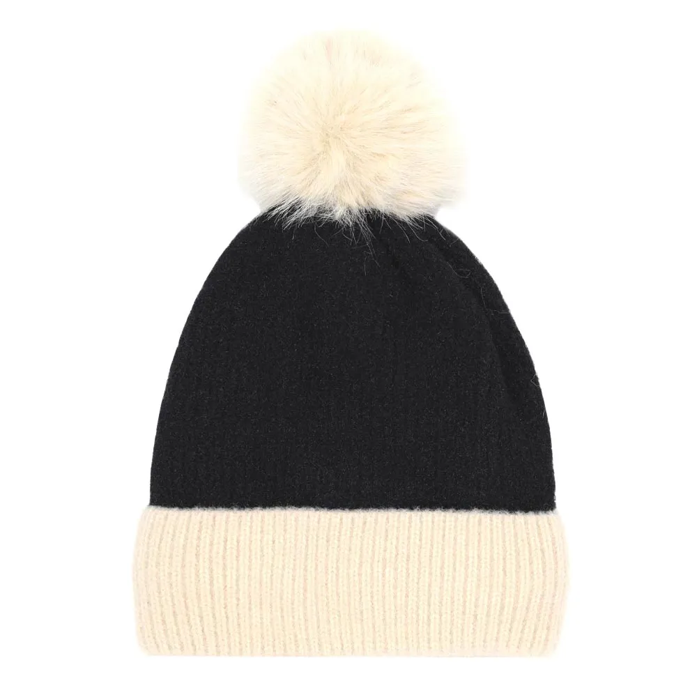 Two Tone Knit Pom Pom Beanie Hat