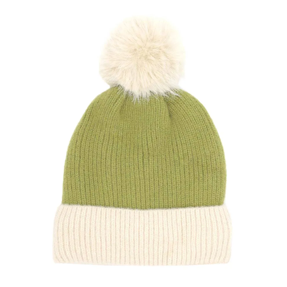 Two Tone Knit Pom Pom Beanie Hat