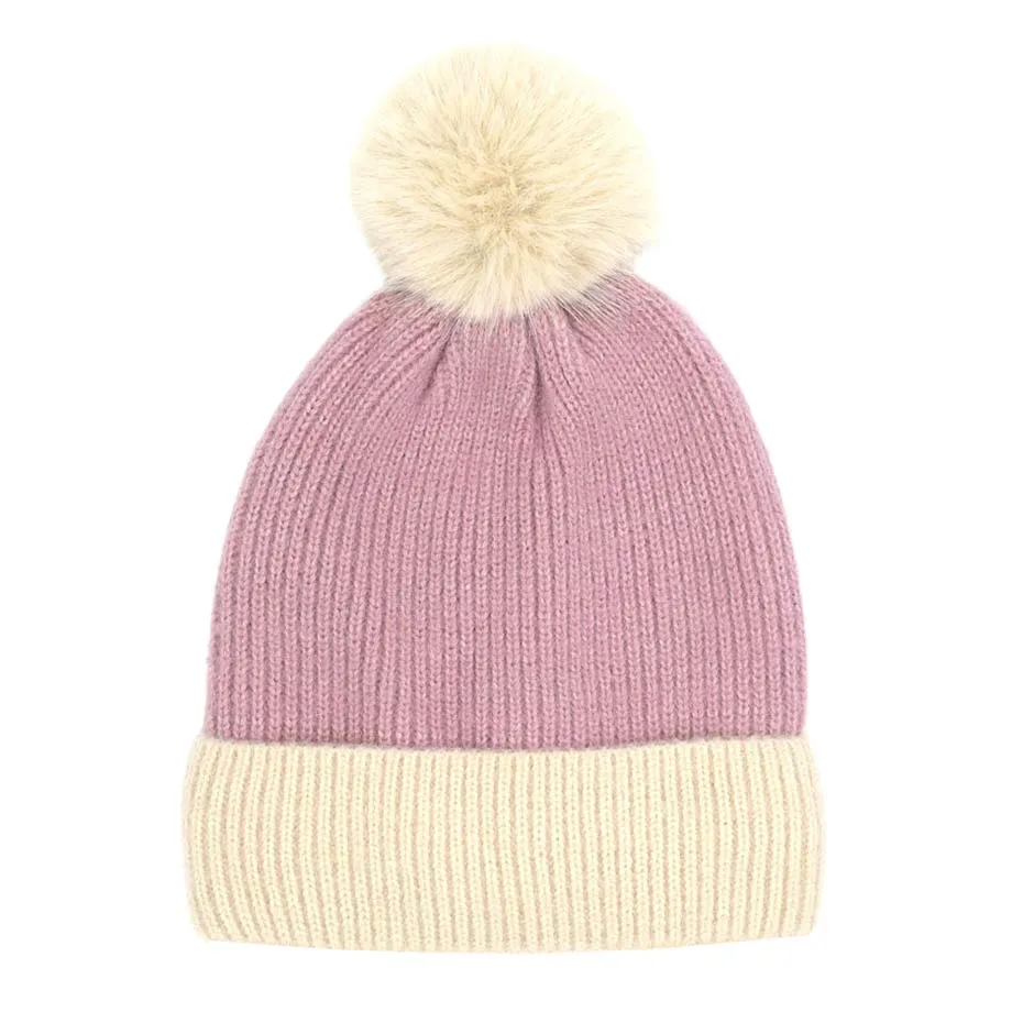 Two Tone Knit Pom Pom Beanie Hat