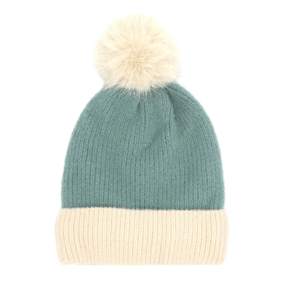 Two Tone Knit Pom Pom Beanie Hat