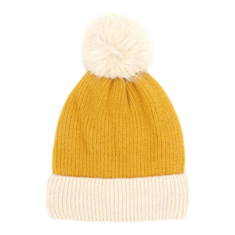 Two Tone Knit Pom Pom Beanie Hat