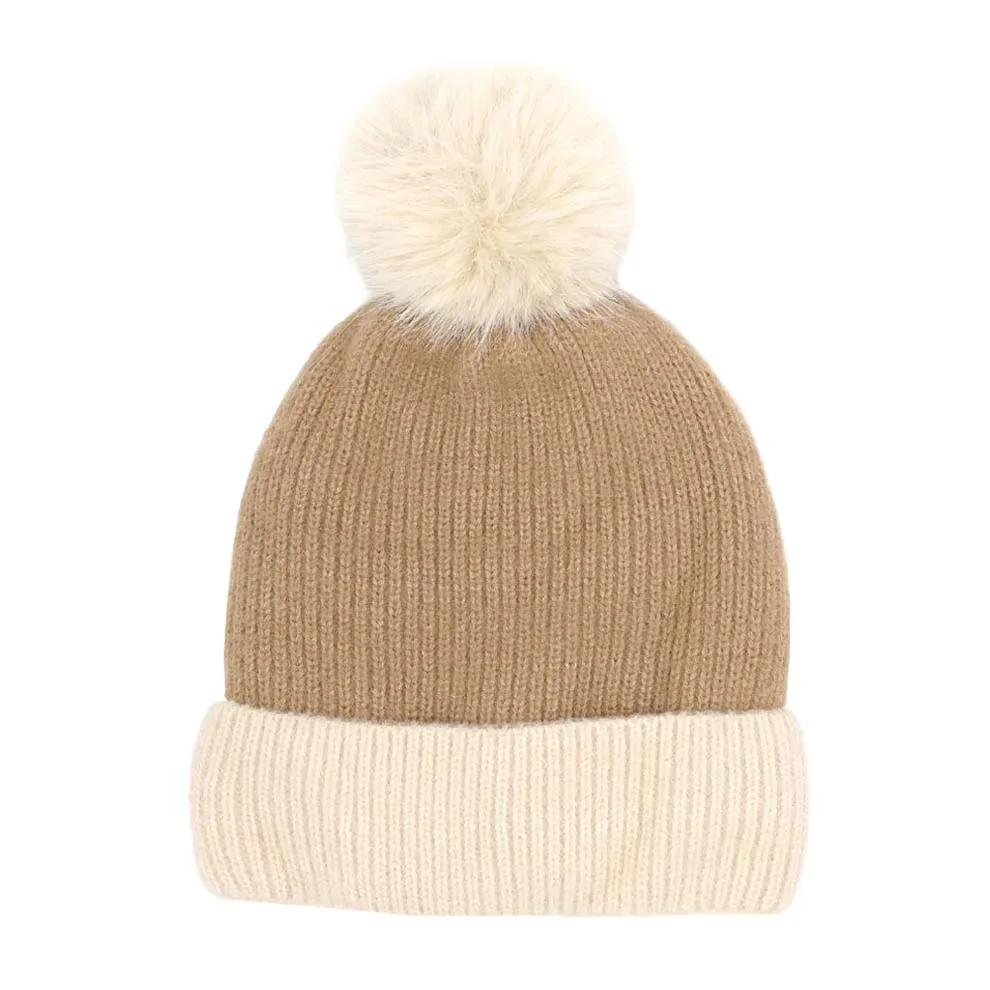 Two Tone Knit Pom Pom Beanie Hat