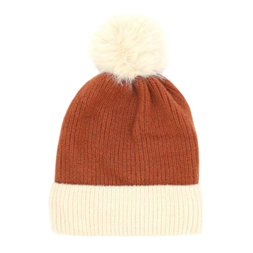 Two Tone Knit Pom Pom Beanie Hat