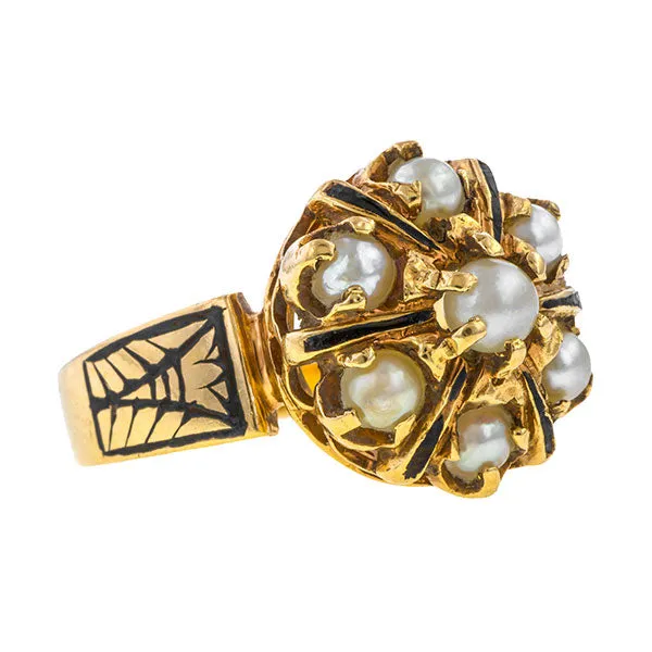 Vintage Pearl Cluster Enamel Ring